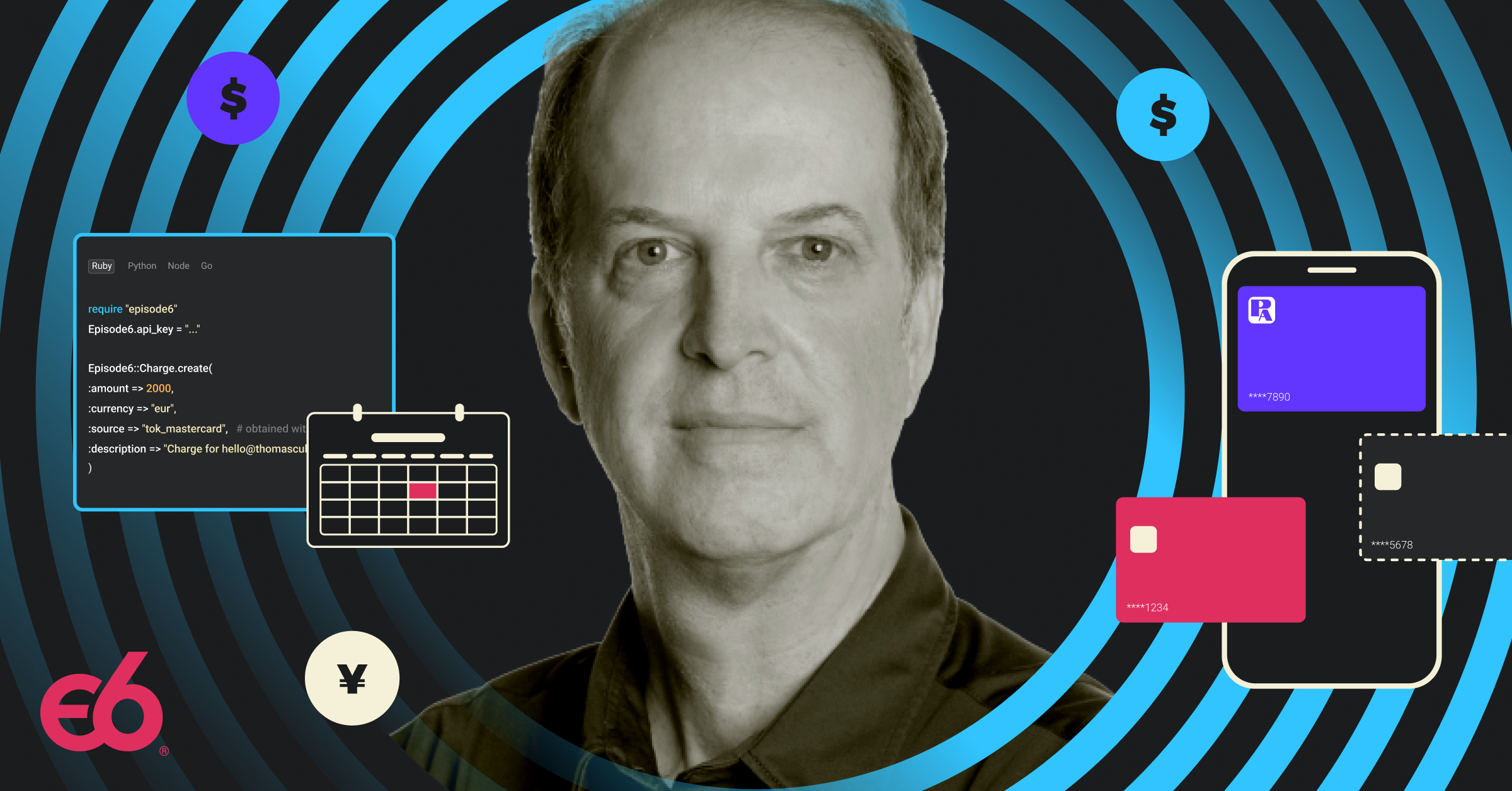 Image of CEO John Mitchell with payment, mobile, and tech graphics